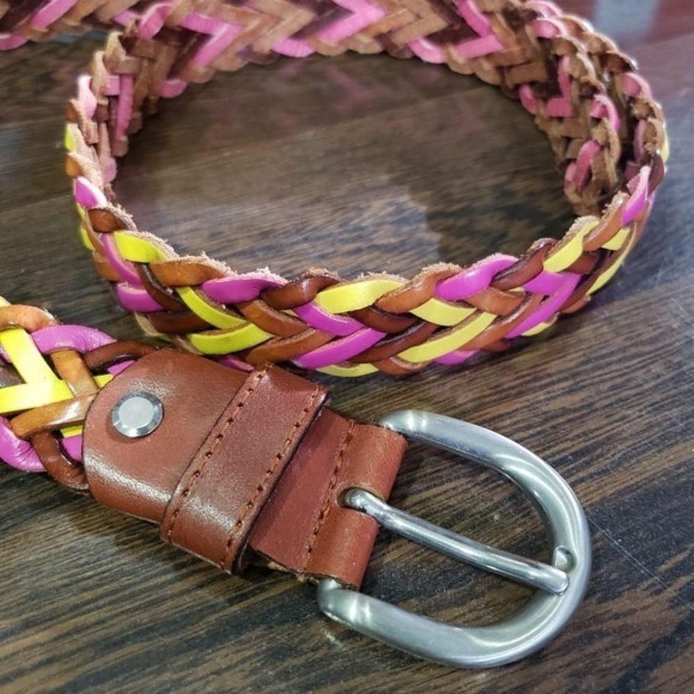 Multi-Colored Leather Braided Belt Genuine Leather Made in Italy Pink Yellow